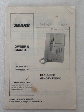 Vintage Sears 10-Number Memory Phone Owner's Manual Model No. 329 34503 750